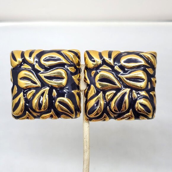 Vintage Signed Escada Square Goldtone & Blue Enamel Clip Earrings - Picture 3 of 11